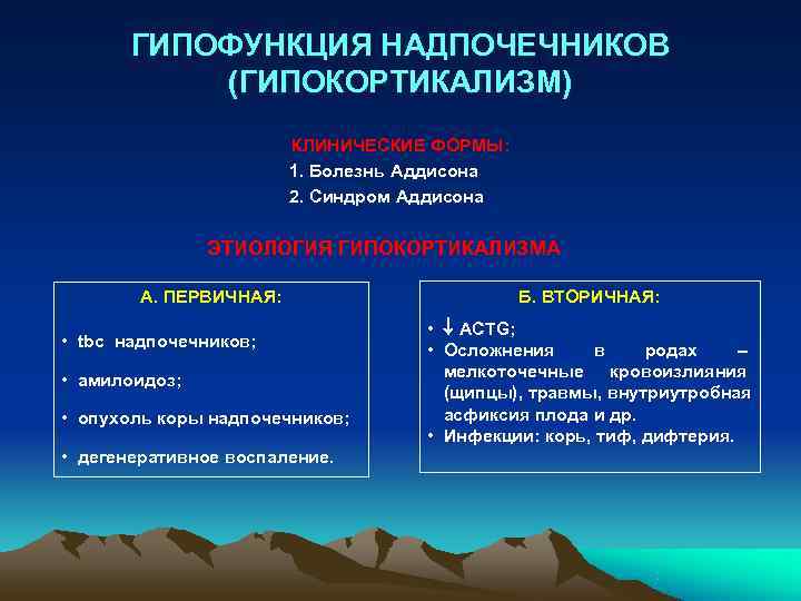   ГИПОФУНКЦИЯ НАДПОЧЕЧНИКОВ  (ГИПОКОРТИКАЛИЗМ)     КЛИНИЧЕСКИЕ ФОРМЫ:  