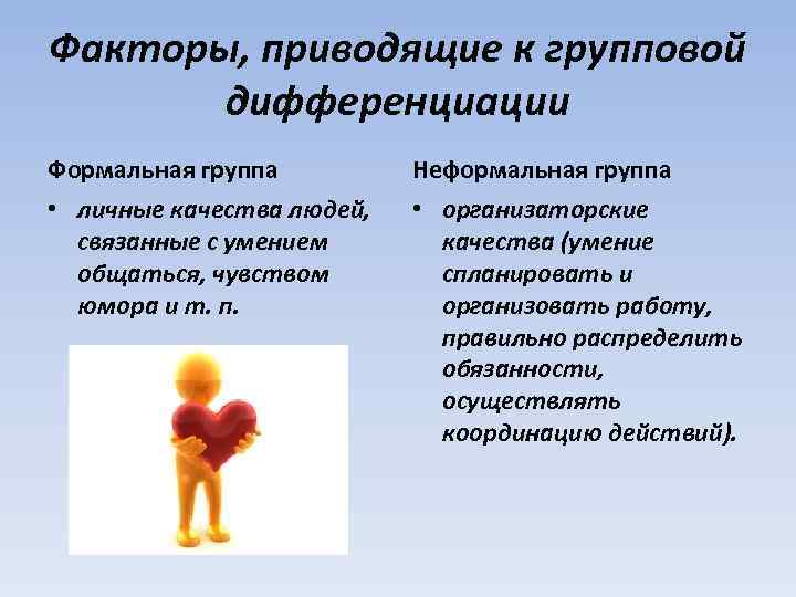 Факторы, приводящие к групповой  дифференциации Формальная группа   Неформальная группа • личные