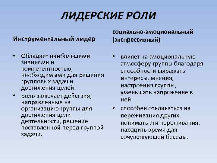    ЛИДЕРСКИЕ РОЛИ      социально-эмоциональный Инструментальный лидер 