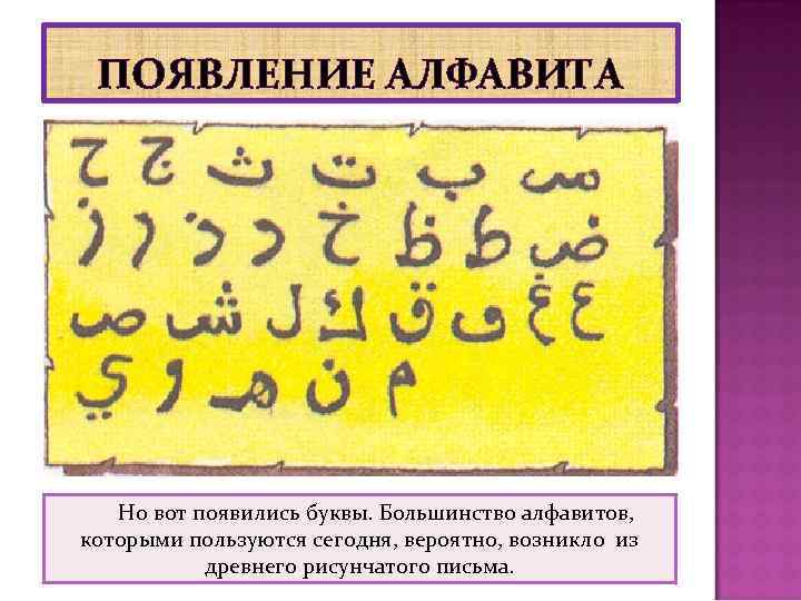 ПОЯВЛЕНИЕ АЛФАВИТА Но вот появились буквы. Большинство алфавитов, которыми пользуются сегодня, вероятно, возникло из