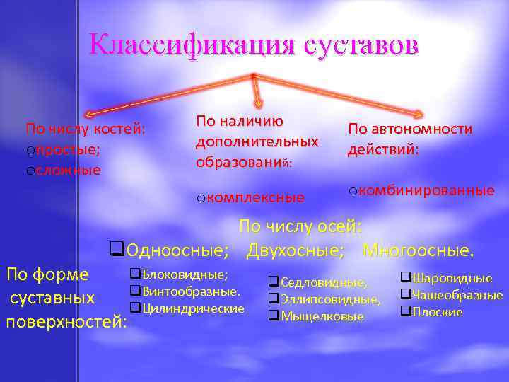 Классификация суставов По наличию дополнительных образований: По автономности действий: oкомплексные По числу костей: oпростые;