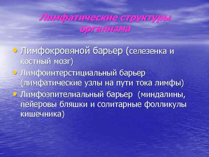 Лимфатические структуры организма • Лимфокровяной барьер (селезенка и • • костный мозг) Лимфоинтерстициальный барьер