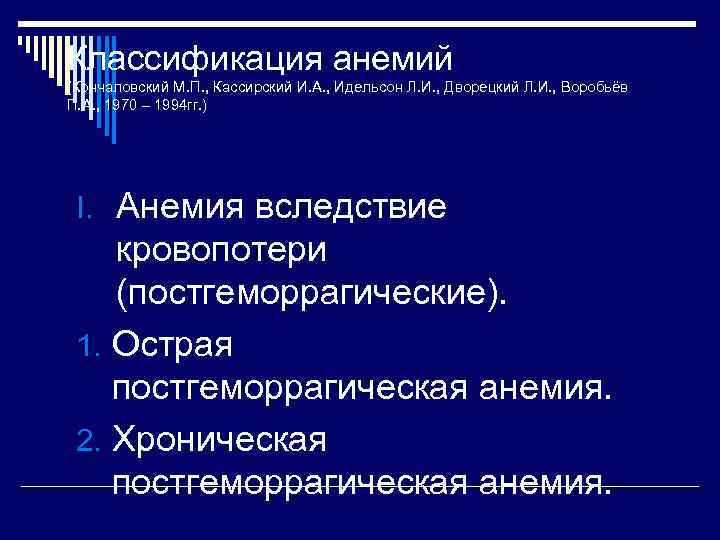 Классификация анемий (Кончаловский М. П. , Кассирский И. А. , Идельсон Л. И. ,