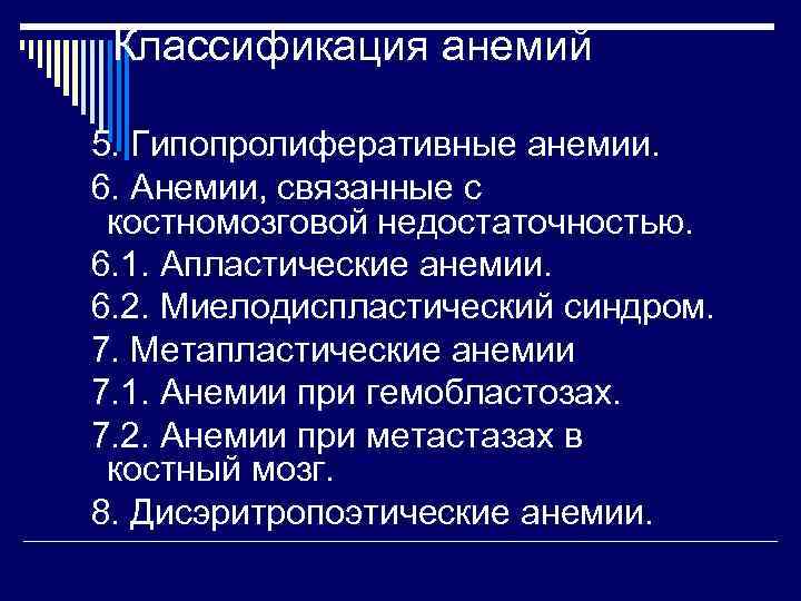  Классификация анемий 5. Гипопролиферативные анемии. 6. Анемии, связанные с костномозговой недостаточностью. 6. 1.