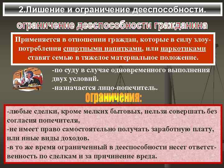   2. Лишение и ограничение дееспособности. Применяется в отношении граждан, которые в силу