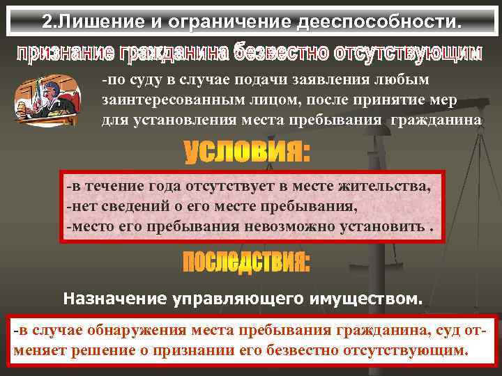   2. Лишение и ограничение дееспособности.   -по суду в случае подачи