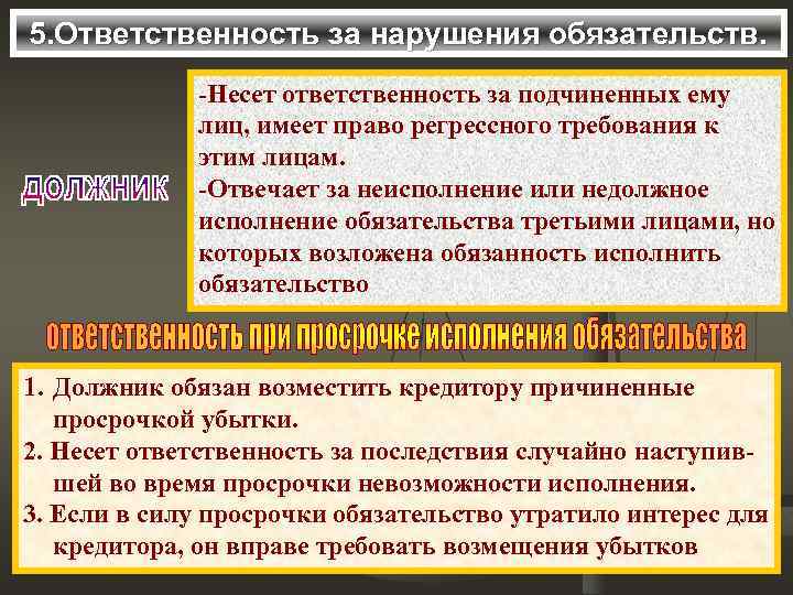 5. Ответственность за нарушения обязательств. -Несет ответственность за подчиненных ему лиц, имеет право регрессного