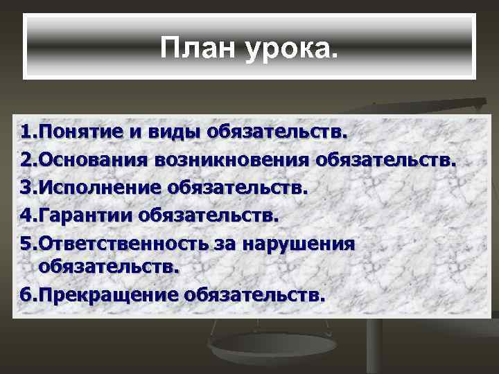 План урока. 1. Понятие и виды обязательств. 2. Основания возникновения обязательств. 3. Исполнение обязательств.