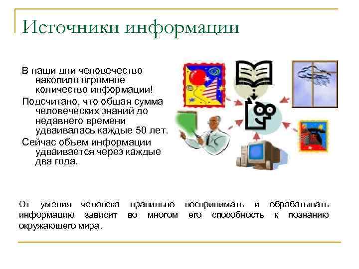 Источники информации В наши дни человечество накопило огромное количество информации! Подсчитано, что Источники информации В наши дни человечество накопило огромное количество информации! Подсчитано, что