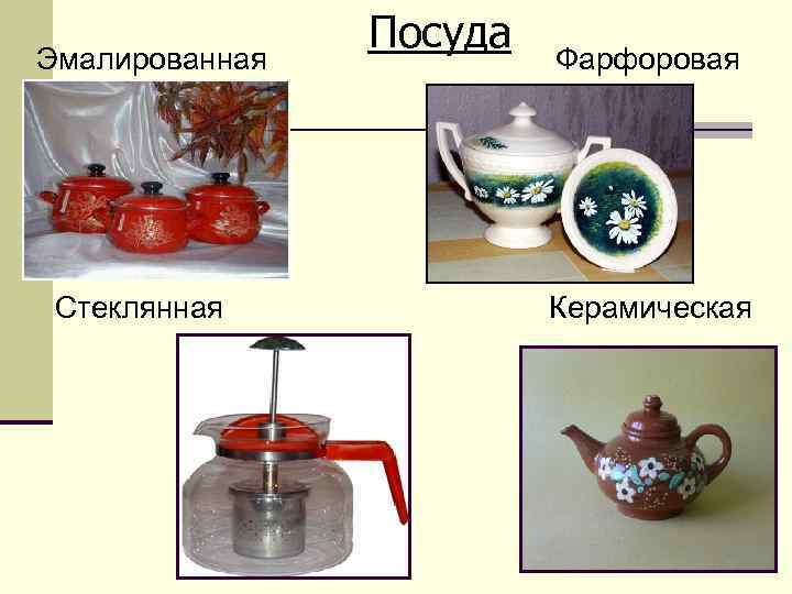 Эмалированная   Посуда  Фарфоровая Стеклянная   Керамическая 