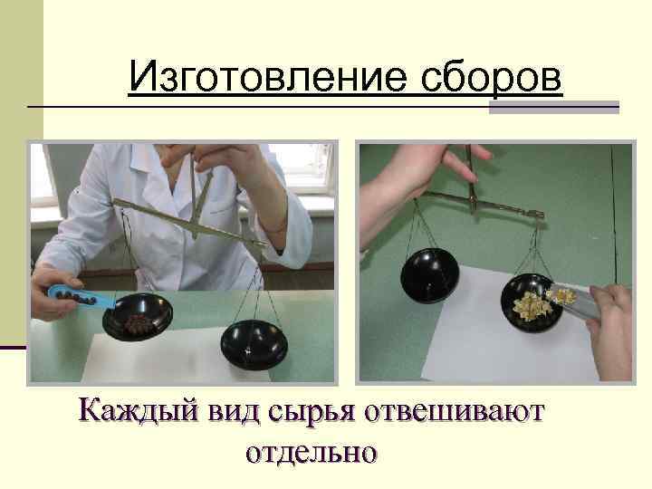  Изготовление сборов Каждый вид сырья отвешивают   отдельно 