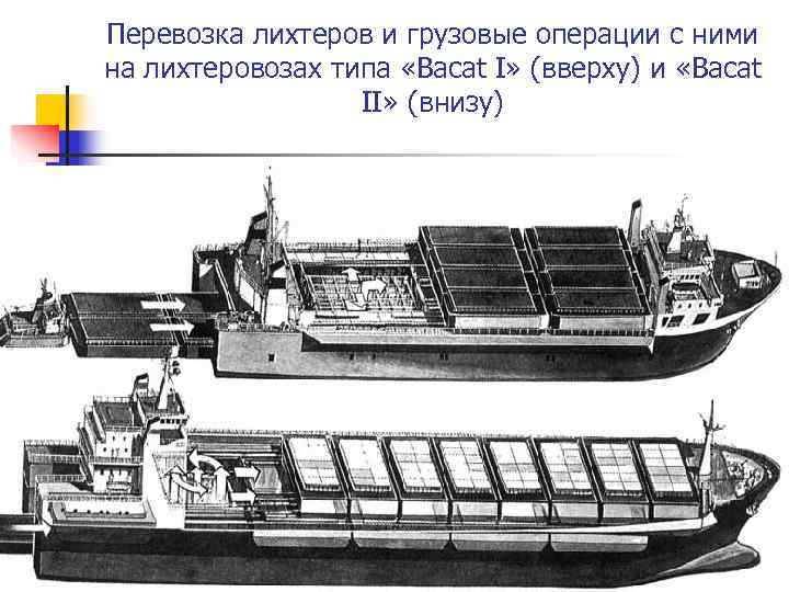 Перевозка лихтеров и грузовые операции с ними на лихтеровозах типа «Bacat I» (вверху) и