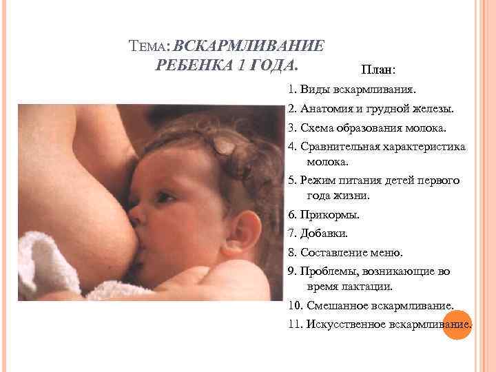 ТЕМА: ВСКАРМЛИВАНИЕ  РЕБЕНКА 1 ГОДА.   План:   1. Виды вскармливания.