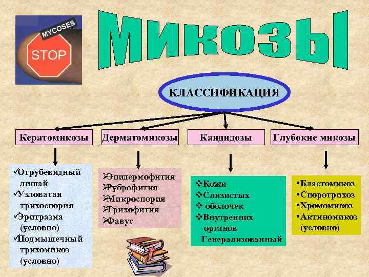       КЛАССИФИКАЦИЯ  Кератомикозы  Дерматомикозы Кандидозы Глубокие микозы