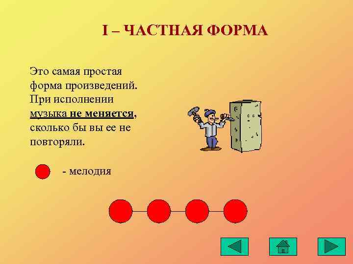   I – ЧАСТНАЯ ФОРМА Это самая простая форма произведений. При исполнении музыка