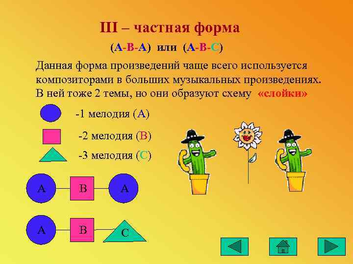   III – частная форма   (А-В-А) или (А-В-С) Данная форма произведений