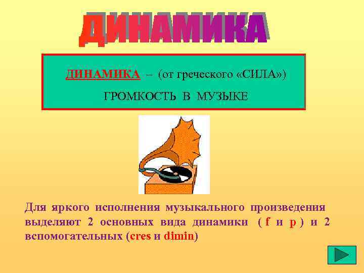  ДИНАМИКА – (от греческого «СИЛА» )   ГРОМКОСТЬ В МУЗЫКЕ Для яркого