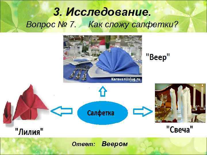 3. Исследование. Вопрос № 7.  Как сложу салфетки?    Ответ: