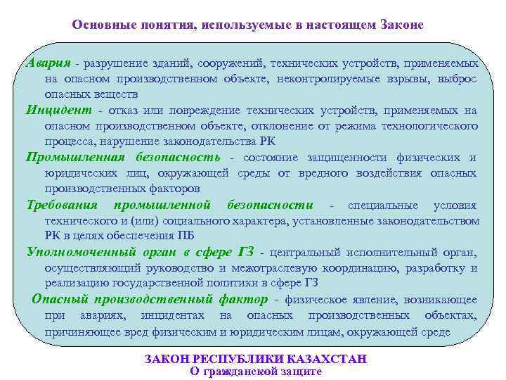     Основные понятия, используемые в настоящем Законе Авария - разрушение зданий,