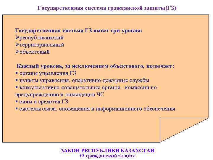     Государственная система гражданской защиты(ГЗ)  Государственная система ГЗ имеет три