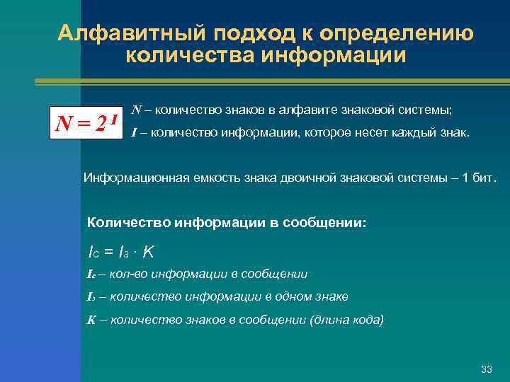 Алфавитный подход к определению количества информации  N – количество знаков в алфавите знаковой