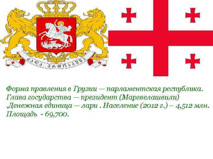 Форма правления в Грузии — парламентская республика. Глава государства — президент (Маргвелашвили). Денежная единица