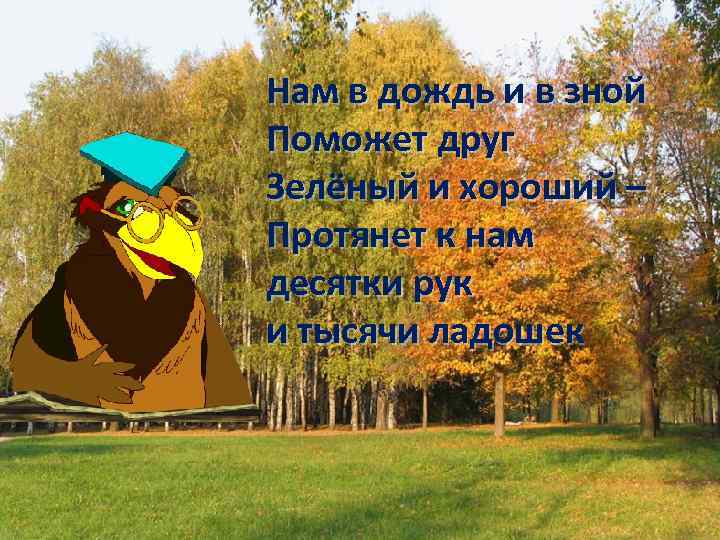Нам в дождь и в зной Поможет друг Зелёный и хороший – Протянет к