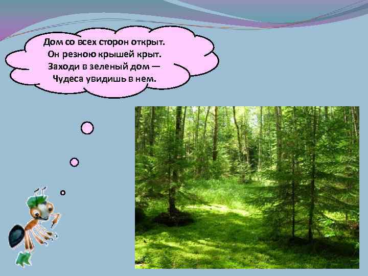 Дом со всех сторон открыт.  Он резною крышей крыт.  Заходи в зеленый