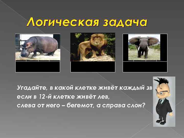  Логическая задача Угадайте, в какой клетке живёт каждый зверь, если в 12 -й