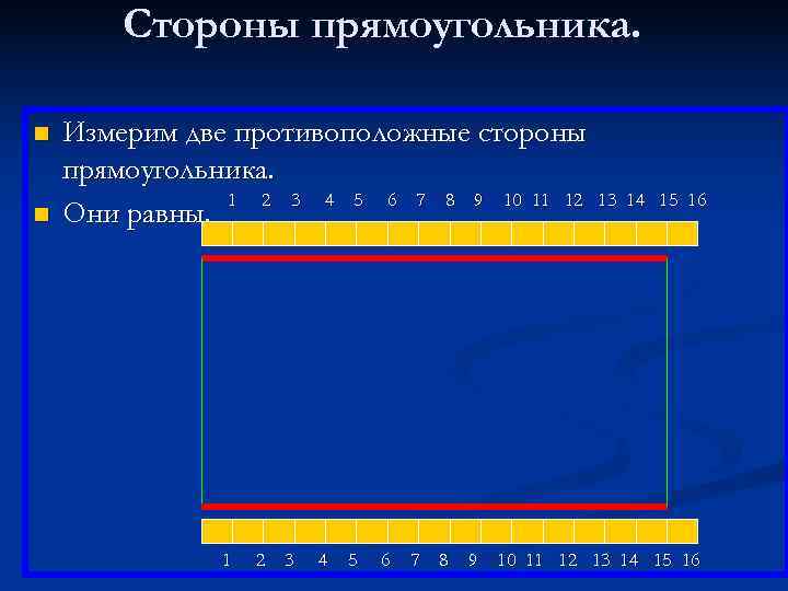   Стороны прямоугольника.  n  Измерим две противоположные стороны прямоугольника.  