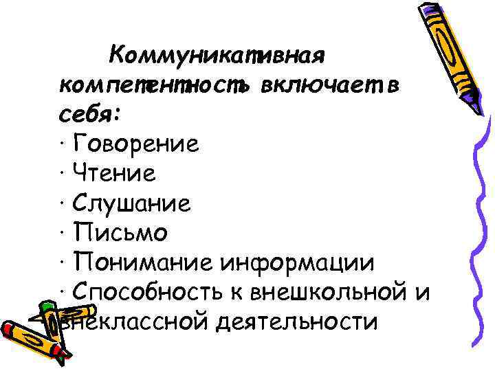  Коммуникативная компетентность включает в себя: · Говорение · Чтение · Слушание · Письмо