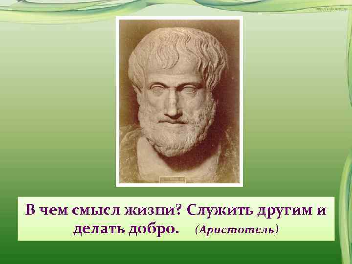 В чем смысл жизни? Служить другим и  делать добро. (Аристотель) 
