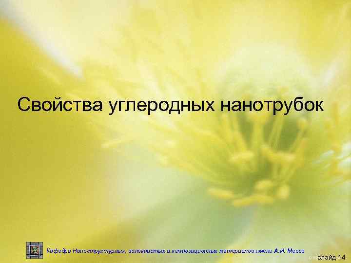 Свойства углеродных нанотрубок Кафедра Наноструктурных, волокнистых и композиционных материалов имени А. И. Меоса слайд