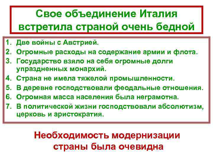  Свое объединение Италия  встретила страной очень бедной 1. Две войны с Австрией.