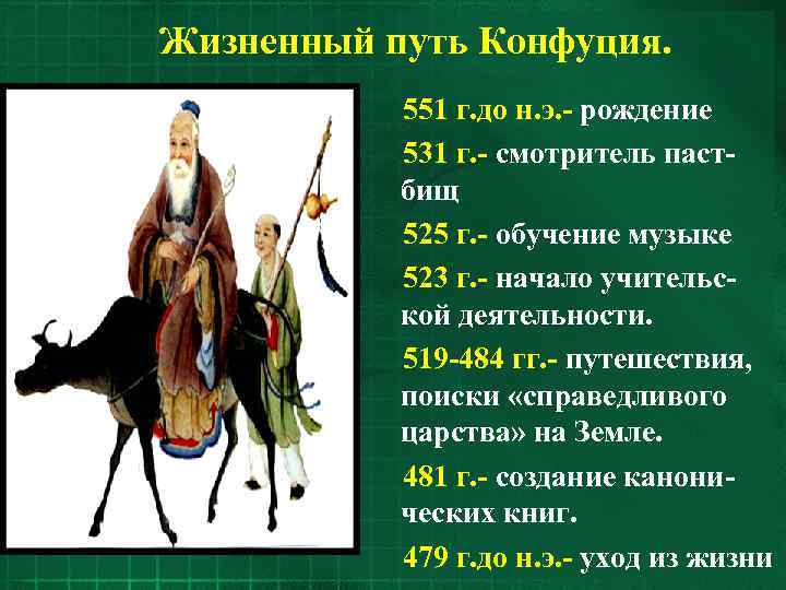 Жизненный путь Конфуция.   551 г. до н. э. - рождение  531
