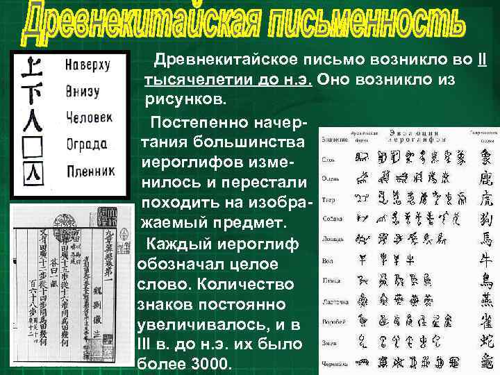   Древнекитайское письмо возникло во II  тысячелетии до н. э. Оно возникло
