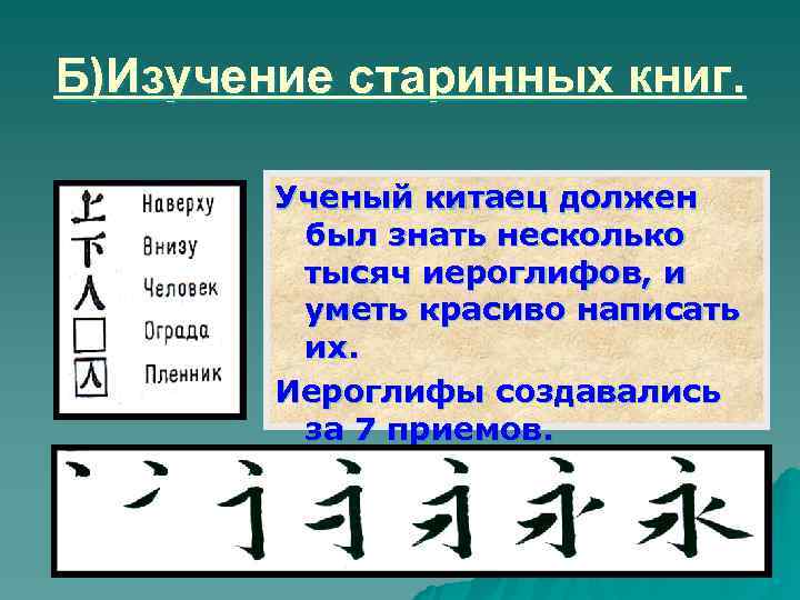 Б)Изучение старинных книг.  Ученый китаец должен   был знать несколько  