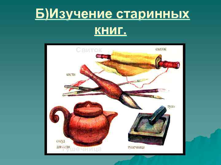 Б)Изучение старинных   книг.  Свиток  Тушечница 