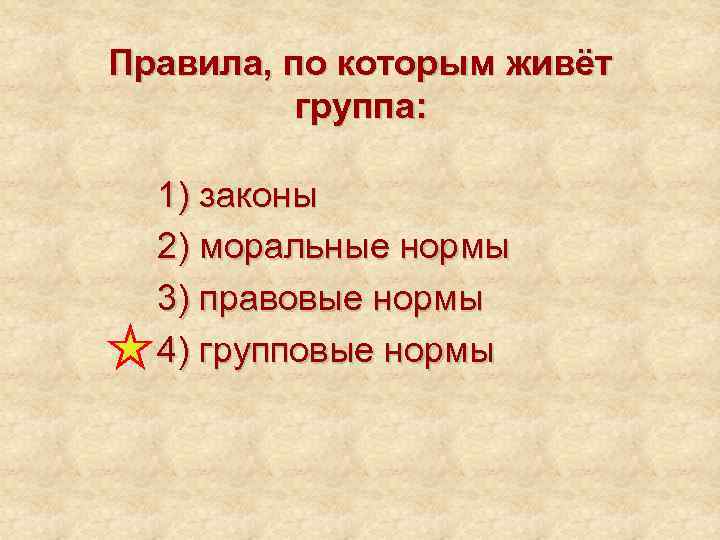 Правила, по которым живёт  группа: 1) законы  2) моральные нормы  3)