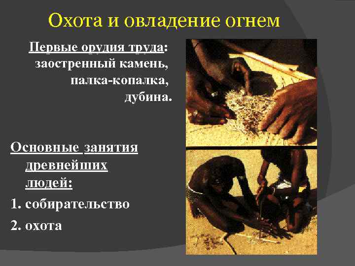 Охота и овладение огнем  Первые орудия труда: заостренный камень,   палка-копалка,