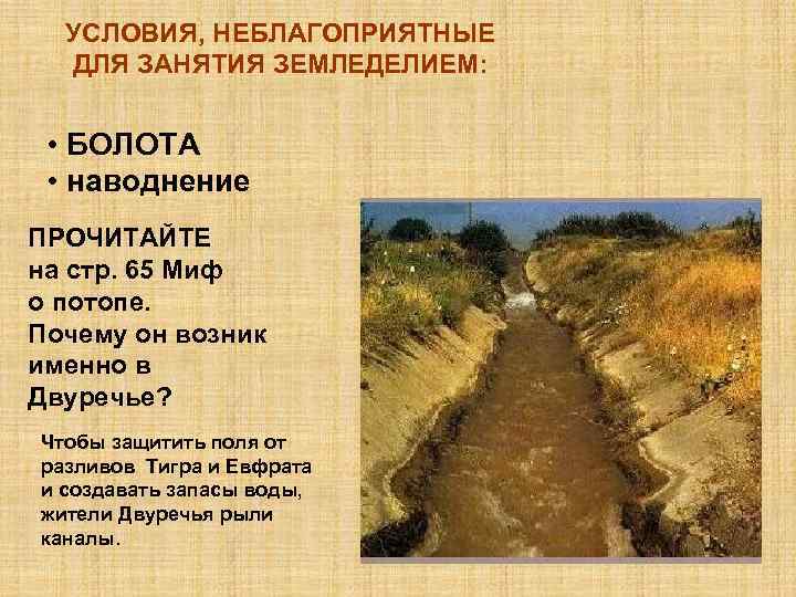  УСЛОВИЯ, НЕБЛАГОПРИЯТНЫЕ  ДЛЯ ЗАНЯТИЯ ЗЕМЛЕДЕЛИЕМ: • БОЛОТА  • наводнение ПРОЧИТАЙТЕ на