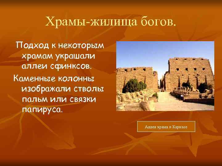 Храмы-жилища богов. Подход к некоторым  храмам украшали  аллеи сфинксов. Каменные колонны