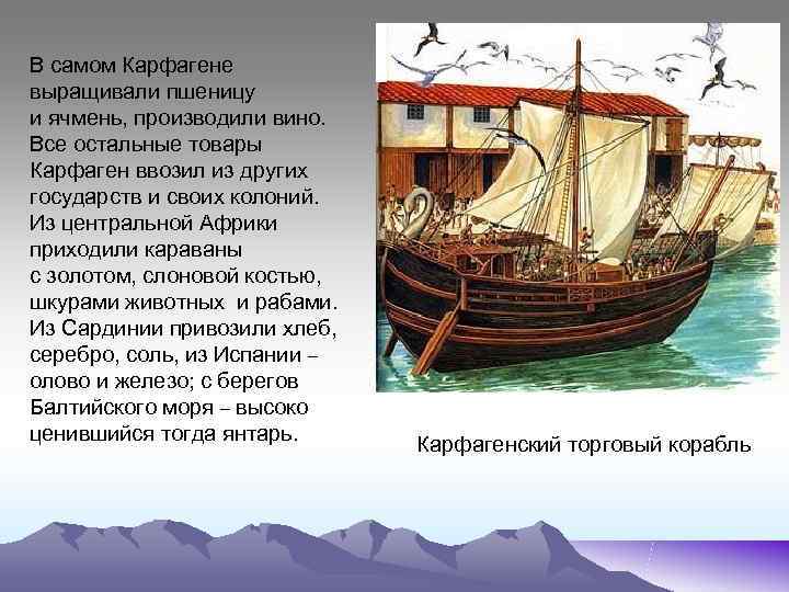 В самом Карфагене выращивали пшеницу и ячмень, производили вино. Все остальные товары Карфаген ввозил