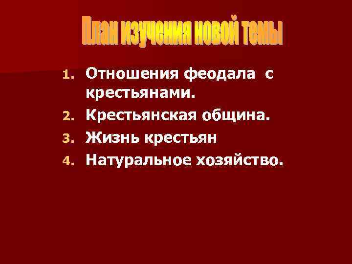 1.  Отношения феодала с крестьянами. 2.  Крестьянская община. 3.  Жизнь крестьян