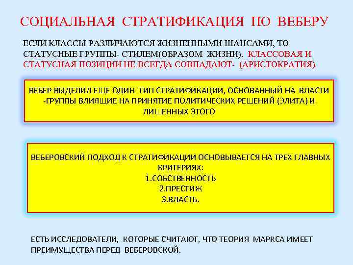 СОЦИАЛЬНАЯ СТРАТИФИКАЦИЯ ПО ВЕБЕРУ ЕСЛИ КЛАССЫ РАЗЛИЧАЮТСЯ ЖИЗНЕННЫМИ ШАНСАМИ, ТО СТАТУСНЫЕ ГРУППЫ- СТИЛЕМ(ОБРАЗОМ ЖИЗНИ).