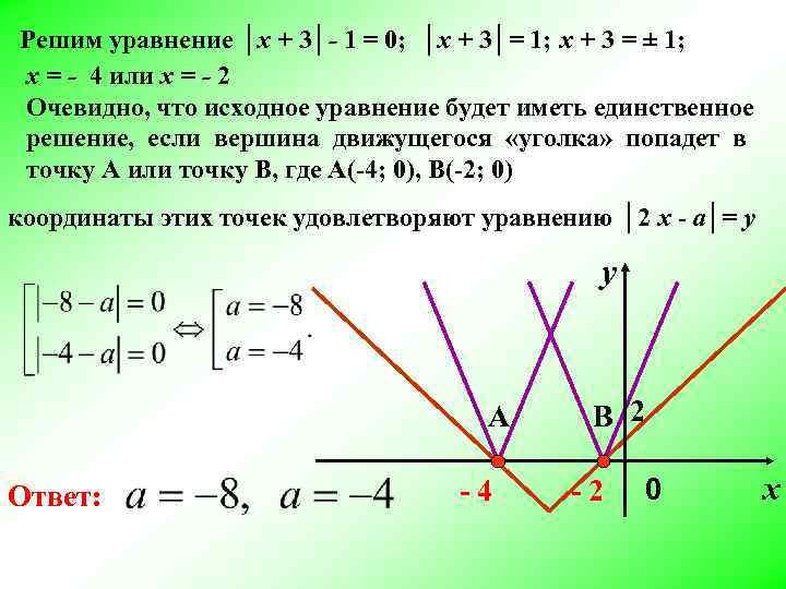 Решим уравнение │х + 3│- 1 = 0; │х + 3│= 1; х + Решим уравнение │х + 3│- 1 = 0; │х + 3│= 1; х +