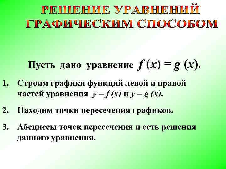 Пусть дано уравнение f (x) = g (x). 1. Строим графики функций левой Пусть дано уравнение f (x) = g (x). 1. Строим графики функций левой