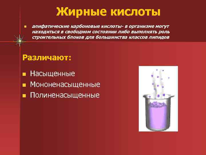    Жирные кислоты n  алифатические карбоновые кислоты- в организме могут находиться