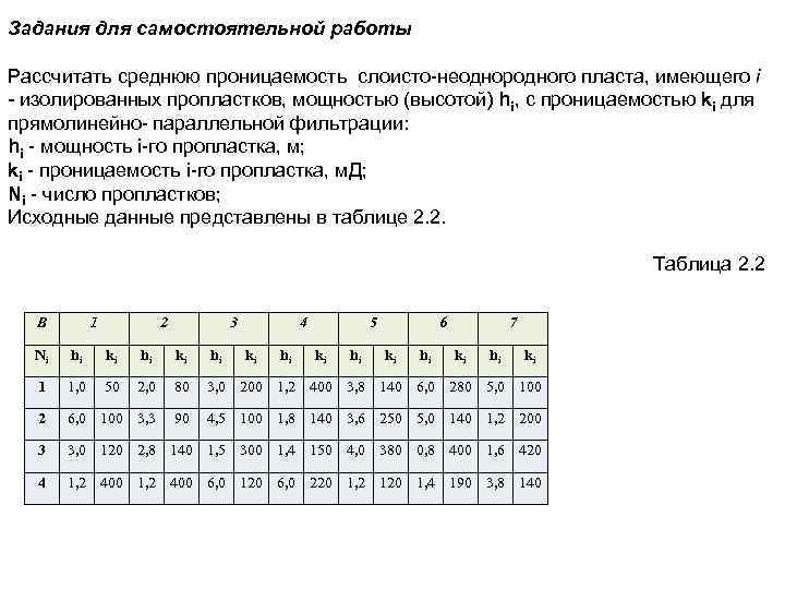 Задания для самостоятельной работы Рассчитать среднюю проницаемость слоисто-неоднородного пласта, имеющего i - изолированных пропластков,
