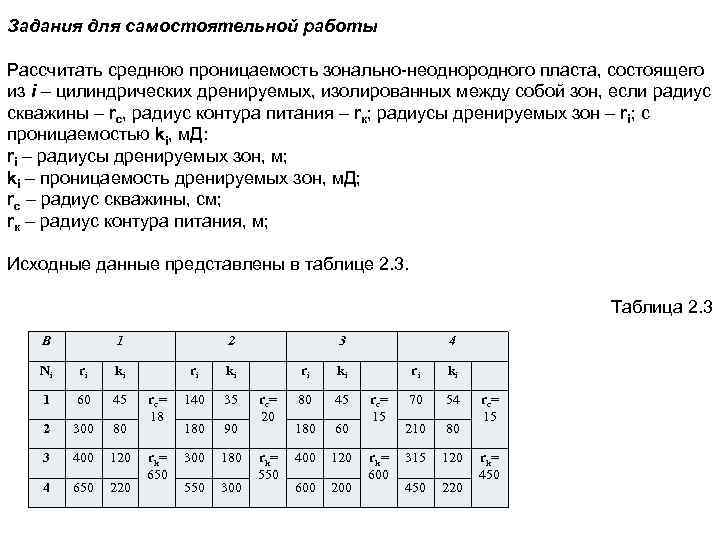 Задания для самостоятельной работы Рассчитать среднюю проницаемость зонально-неоднородного пласта, состоящего из i – цилиндрических